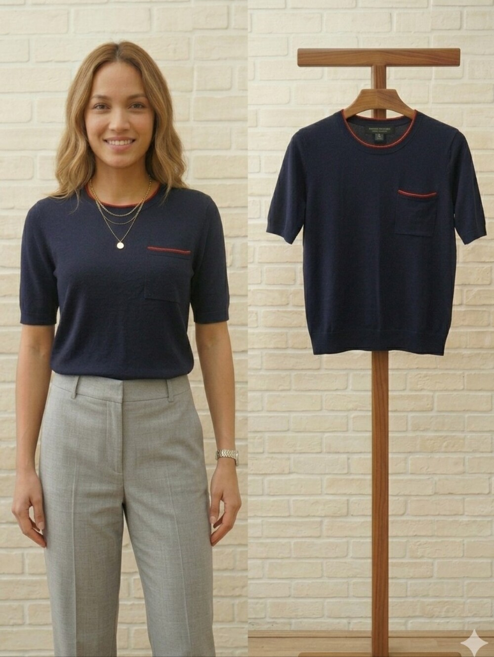 BANANA REPUBLIC Navy Blue 100% Merino Wool Short Sleeve Sweater with Red Trim